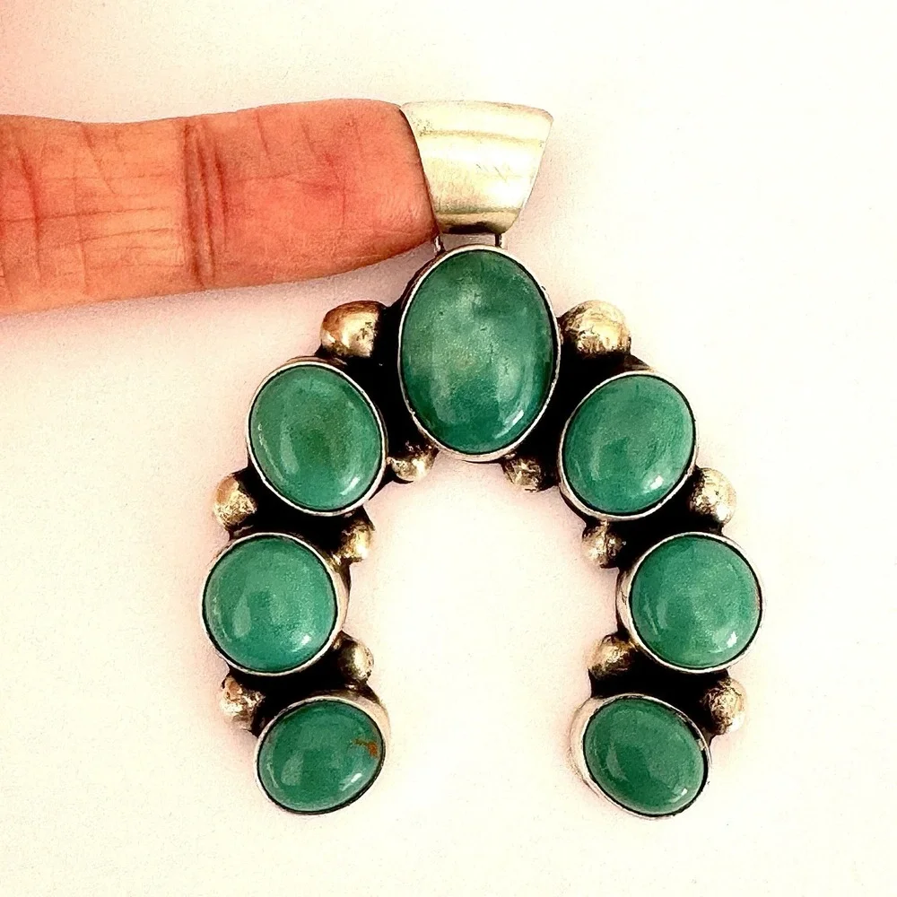 Turquoise Naja Navajo Pendant 2.25in Signed Largo Sterling Matte Squash Blossom